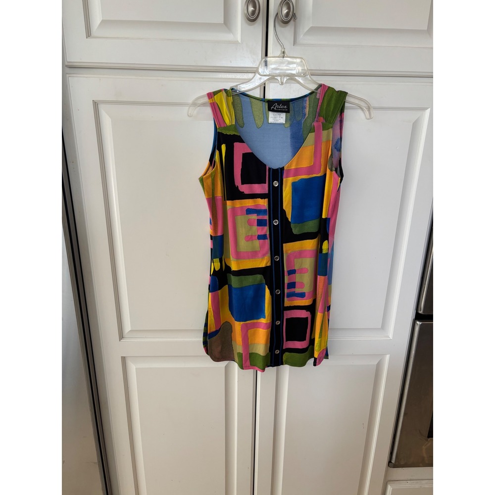 Artex Fashions Women Multi Color Abstract Geometric Button Front Tank‎ Top S/P